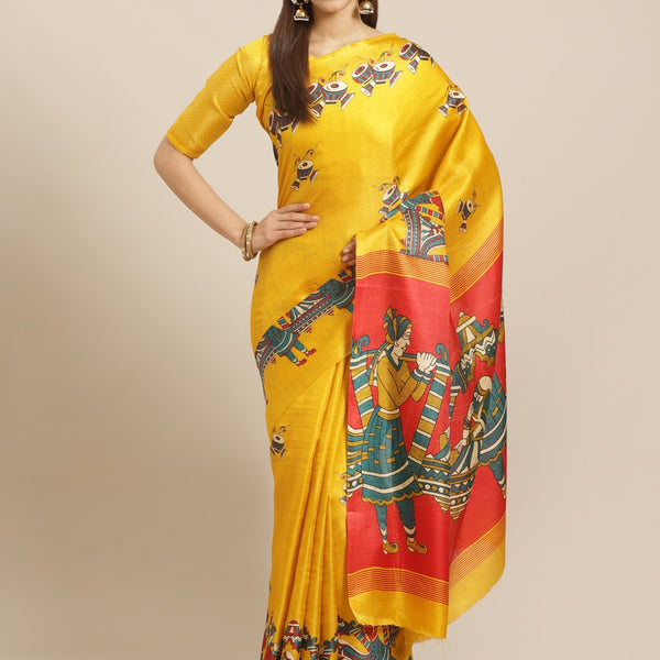 Saree Mall Mustard Yellow & Blue Printed Saree - Distacart