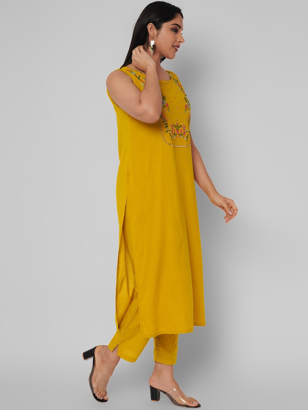 Kalini Women Mustard Yellow Embroidered Mirror Work Kurta with Trousers - Distacart