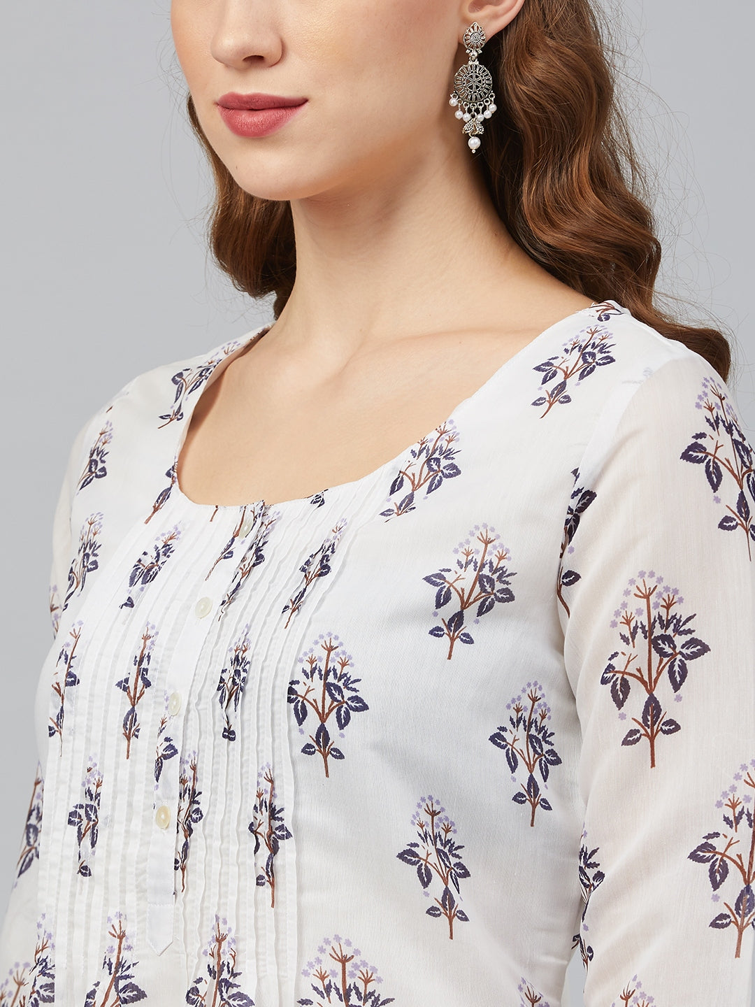 Biba Women White & Navy Blue Printed Kurta with Trousers - Distacart