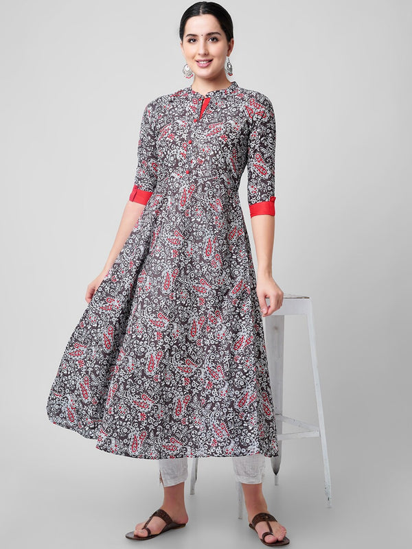Kalini Women Red Floral Printed Thread Work Handloom Anarkali Kurta - Distacart