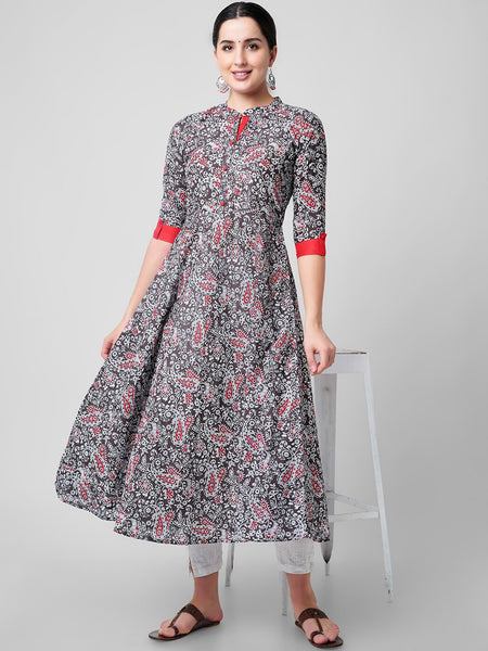 Kalini Women Red Floral Printed Thread Work Handloom Anarkali Kurta - Distacart