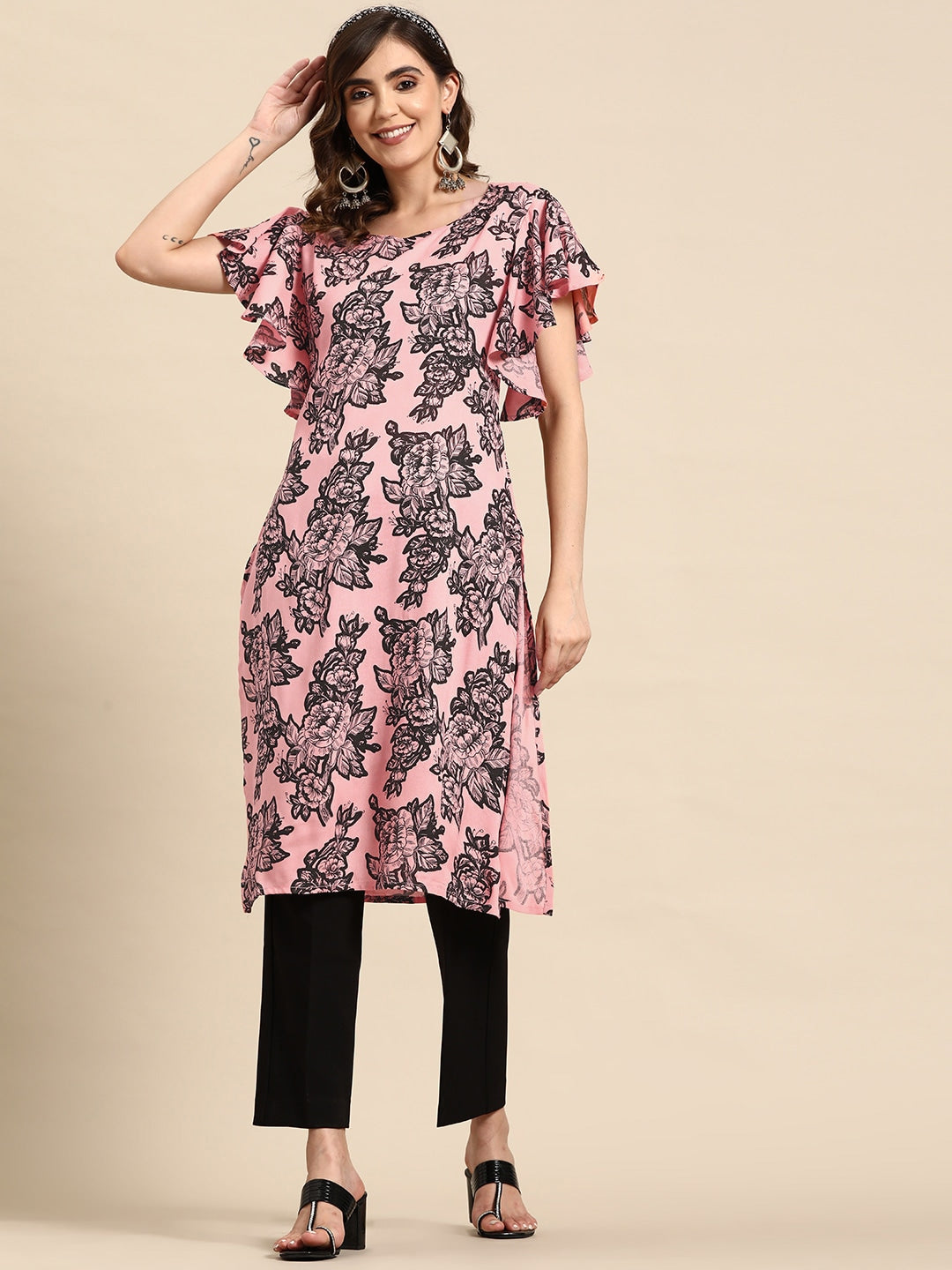 Sangria Floral Print Flutter Sleeves Kurta - Distacart