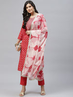 Thumbnail for HERE&NOW Women Red Embroidered Straight Kurta with Trousers & With Dupatta - Distacart