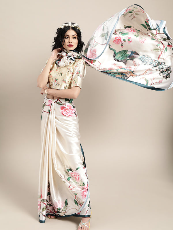 Saree Mall Cream-Coloured & Pink Satin Floral Block Print Saree - Distacart
