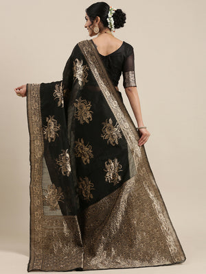 Saree Mall Black Floral Linen Blend Banarasi Saree - Distacart