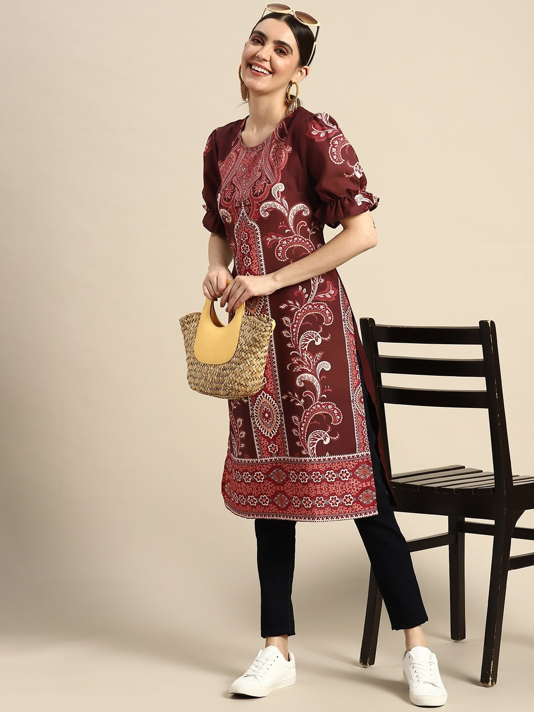 Sangria Women Ethnic Motifs Printed Puff Sleeves Straight Kurta - Distacart