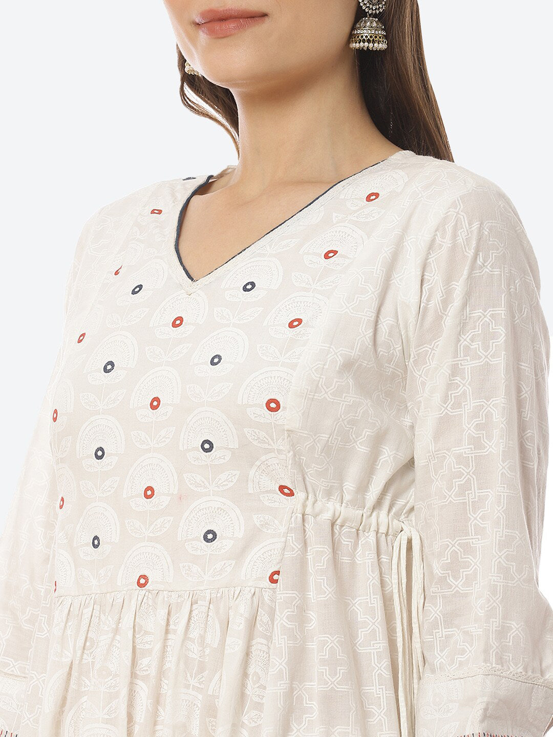 Biba Women White Printed Mirror Work Pure Cotton Kurta with Trousers & Dupatta - Distacart