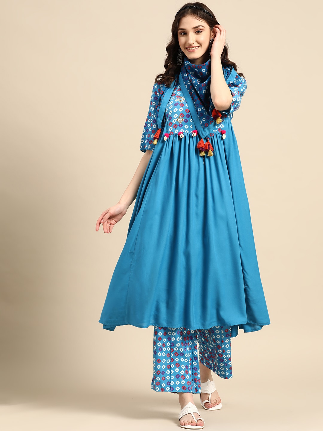 Sangria Women Bandhani Printed Kurta with Palazzos & Scarf - Distacart