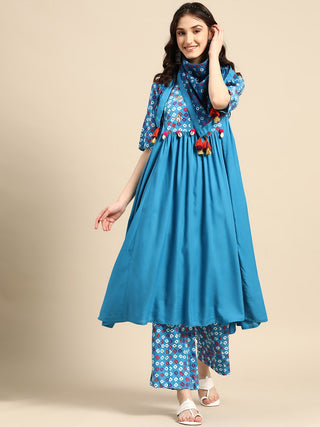 Sangria Women Bandhani Printed Kurta with Palazzos & Scarf - Distacart