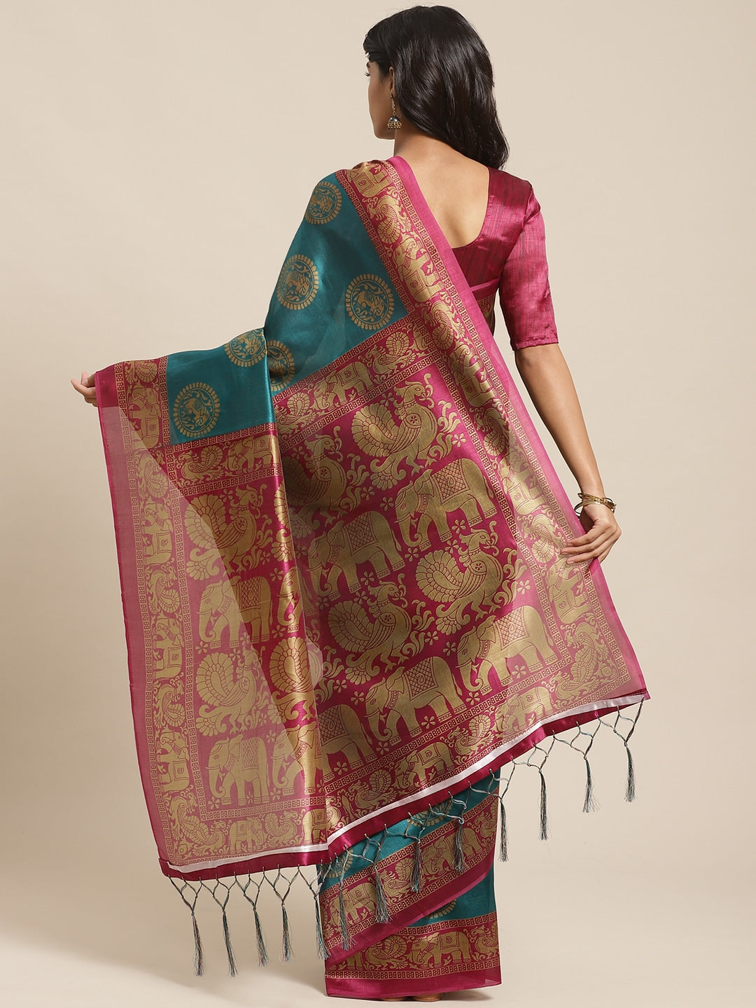Saree Mall Teal Green & Beige Printed Bhagalpuri Saree - Distacart