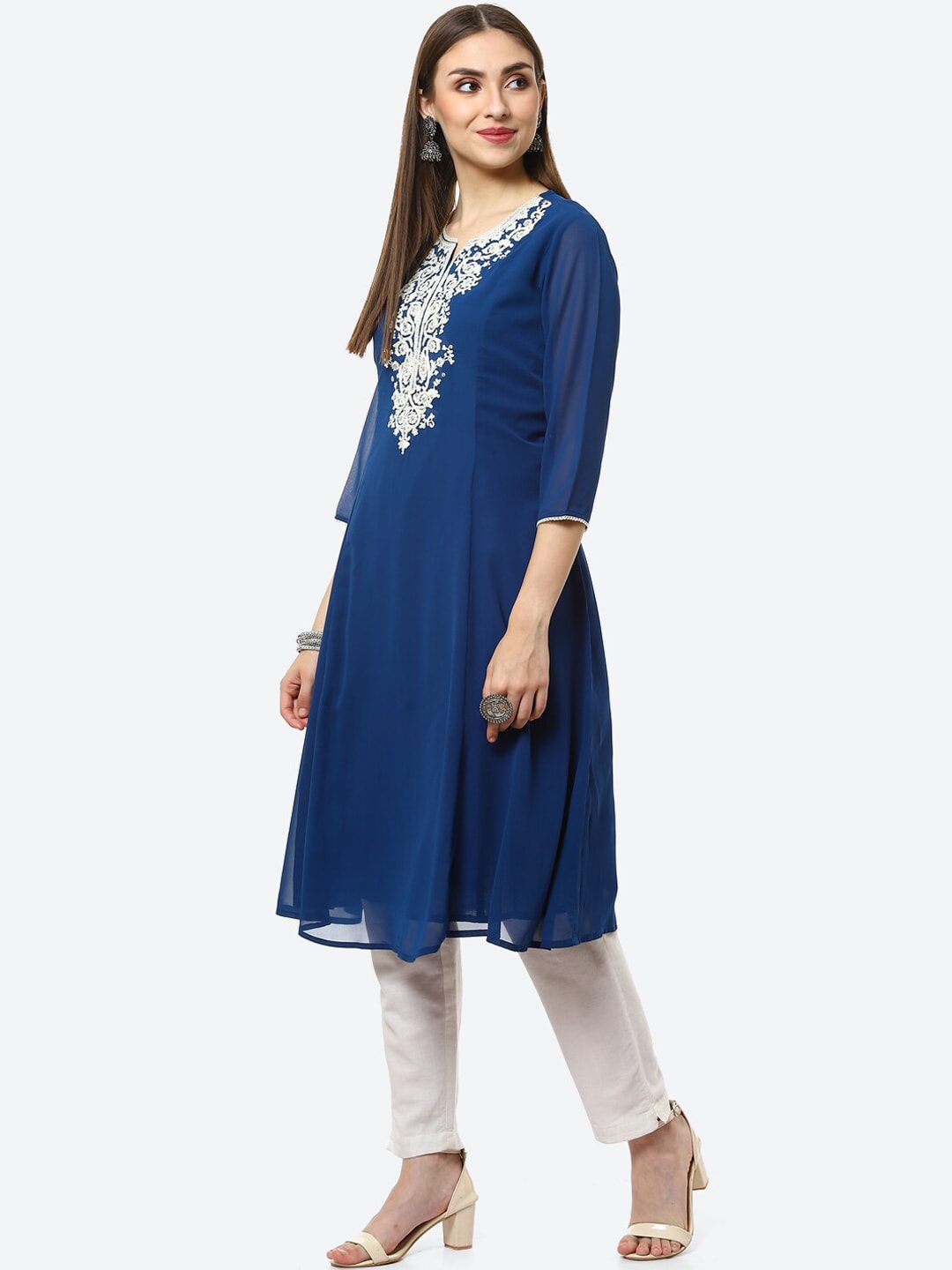 Biba Women Navy Blue Yoke Design Thread Work Kurta - Distacart