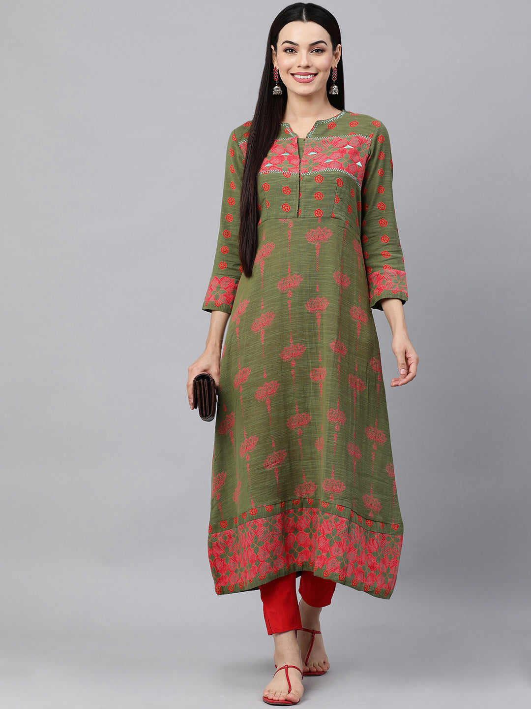 Kalini Women Green & Pink Ethnic Motifs Printed Pure Cotton Kurta - Distacart
