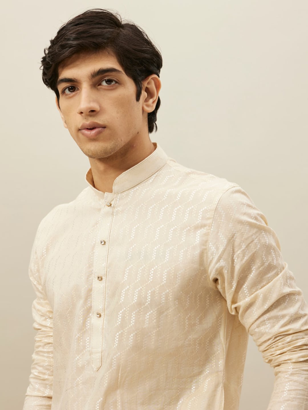 Manyavar Self Design Mandarin Collar Pure Cotton Kurta With Pyjamas - Distacart