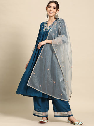 Sangria Floral Embroidered Empire Thread Work Kurta With Palazzos & Dupatta - Distacart