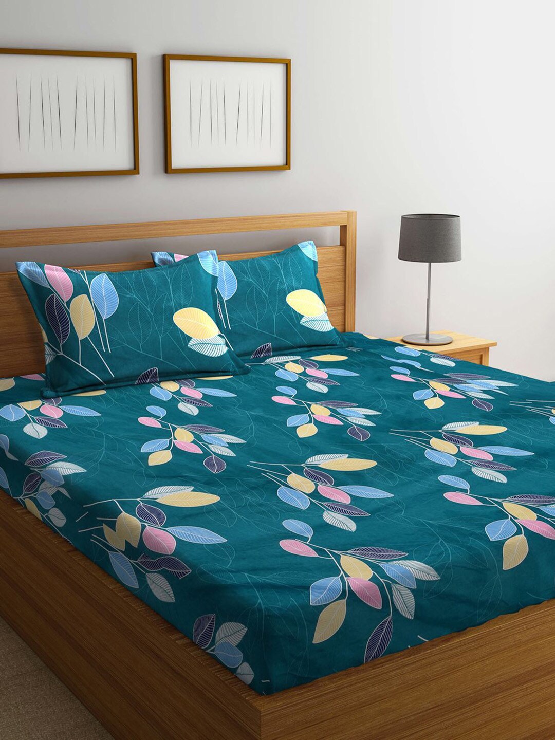 DECOMIZER Green & Yellow Printed Cotton 300 TC King Bedsheet with 2 Pillow Covers - Distacart
