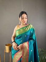 Thumbnail for Mitera Teal & Red Ethnic Motifs Woven Design Zari Silk Blend Paithani Saree - Distacart