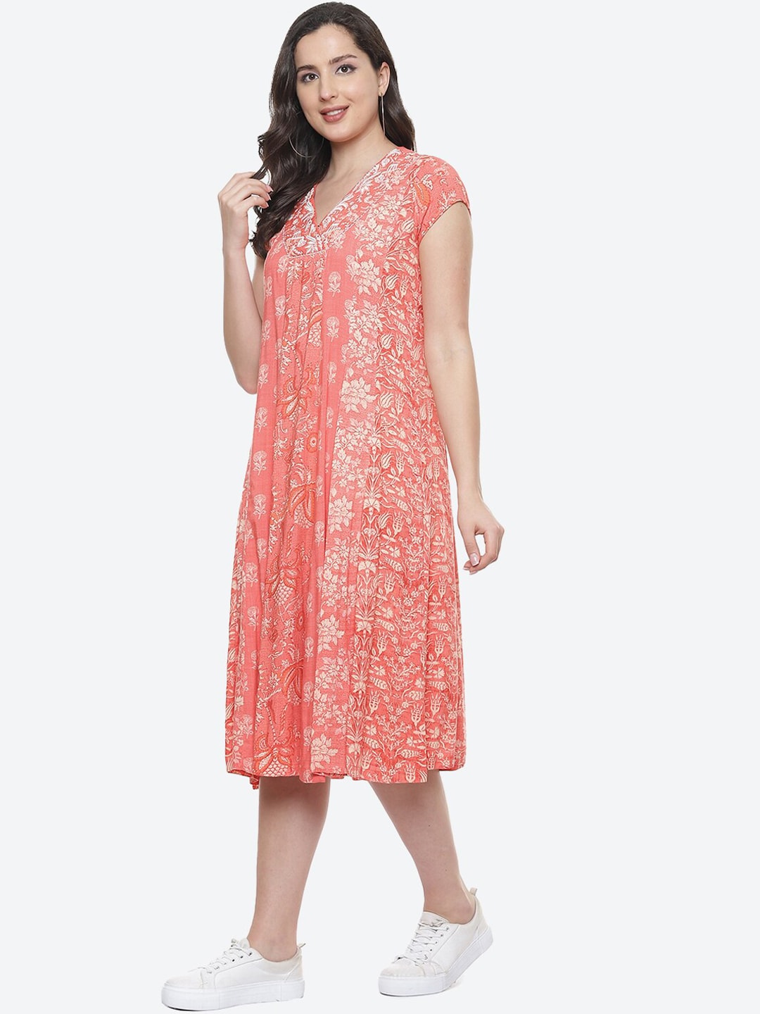 Biba Women Coral Ethnic Motifs Printed Anarkali Kurta - Distacart