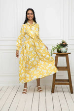 Thumbnail for Myshka Women Yellow-Floral Rayon A-Line Shirt Collar Dress - Distacart