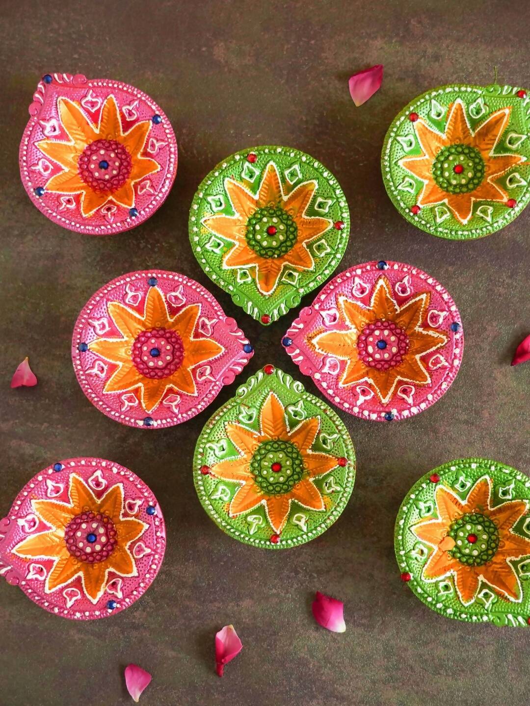 Tied Ribbons Green & Pink Set of 8 Terracotta Clay Diwali Diyas - Distacart