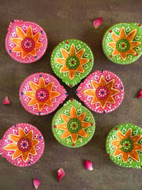 Thumbnail for Tied Ribbons Green & Pink Set of 8 Terracotta Clay Diwali Diyas - Distacart