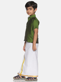 Thumbnail for Sethukrishna Olive Green & White Solid Shirt and Veshti For Boys - Distacart