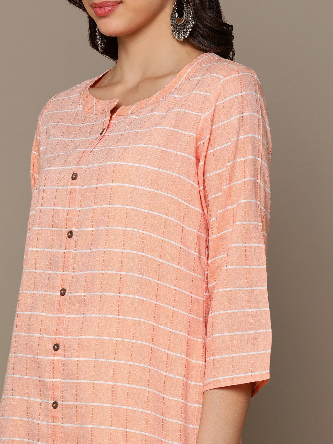 HERE&NOW Orange & White Checked Straight Kurta - Distacart