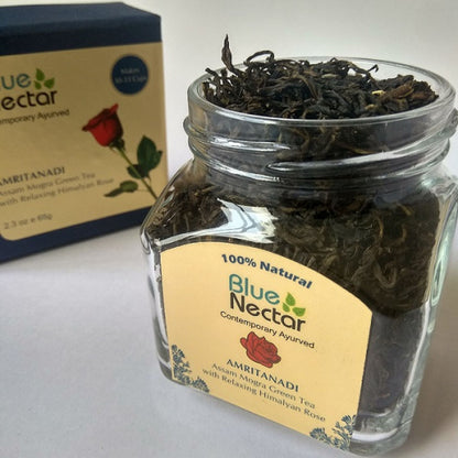 Blue Nectar Amritanadi Assam Mogra Green Tea with Himalyan Rose, 65 gm