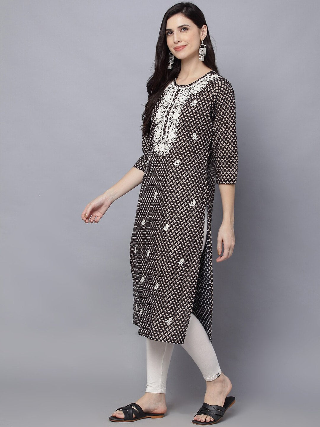 HERE&NOW Women Geometric Yoke Design Thread Work Kurta - Distacart