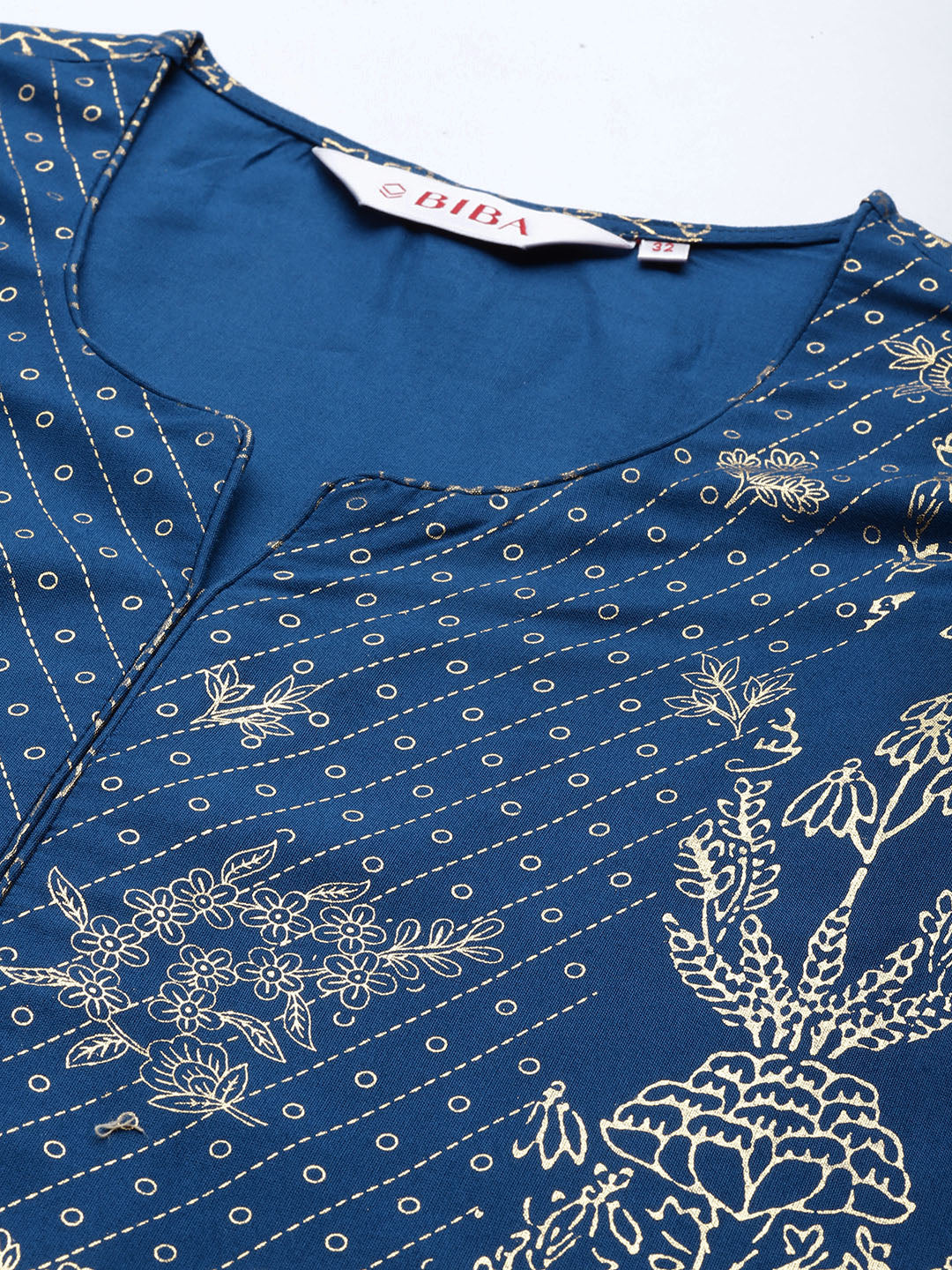 Biba Women Navy Blue & Golden Ethnic Motifs Printed Kurta with Trousers - Distacart