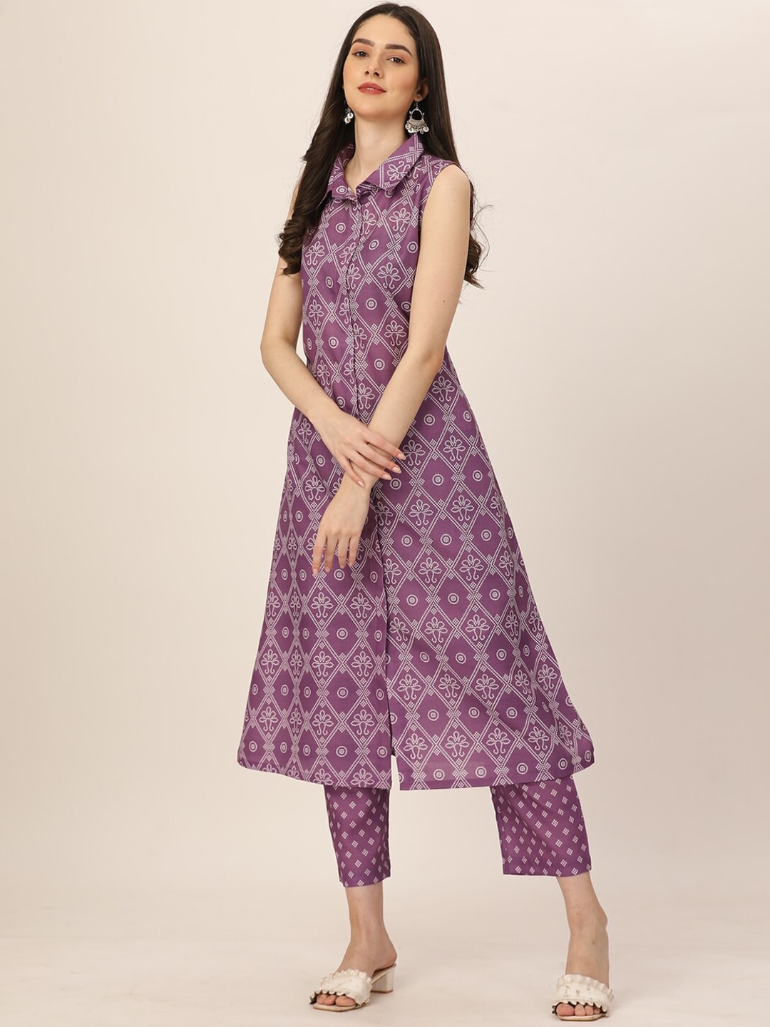 HERE&NOW Purple & White Ethnic Motifs Printed Regular Kurta With Trousers - Distacart