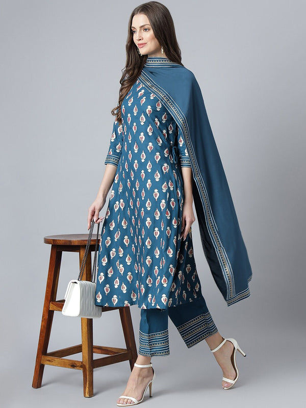 Khushal K Ethnic Motifs Printed Keyhole Neck Kurta with Palazzos & Dupatta - Distacart