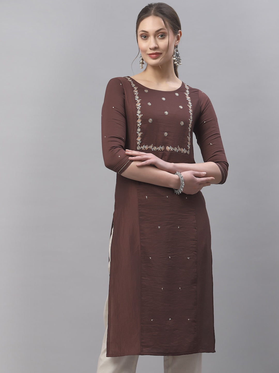 Kalini Women Brown Ethnic Motifs Embroidered Thread Work Kurta - Distacart