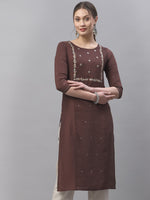 Thumbnail for Kalini Women Brown Ethnic Motifs Embroidered Thread Work Kurta - Distacart