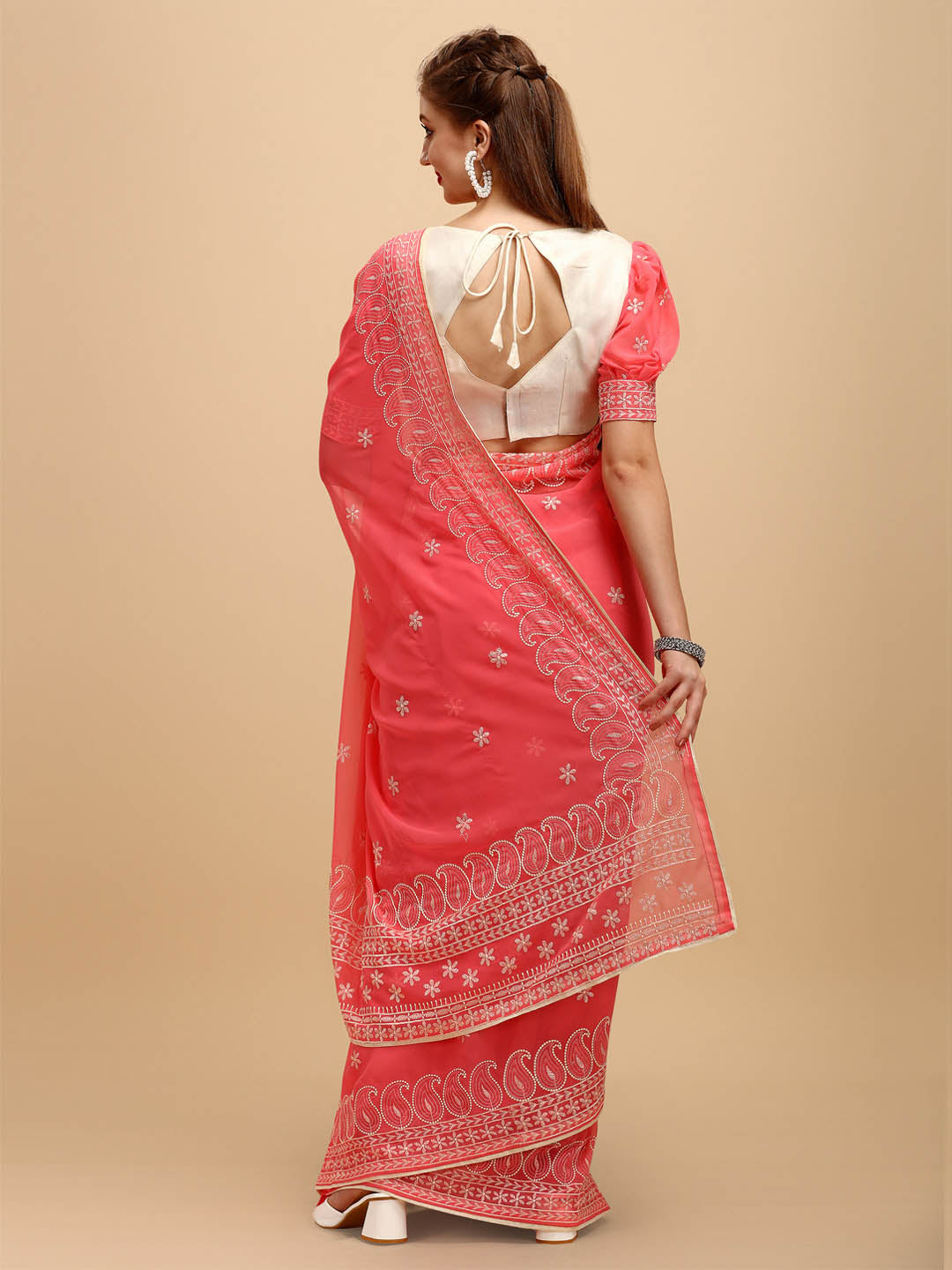 Sangria Rose & Gold-Toned Floral Chikankari Silk Blend Saree - Distacart