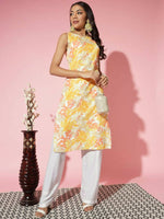 Thumbnail for Myshka Women Multi Floral Cotton Straight Round Neck Kurtas - Distacart