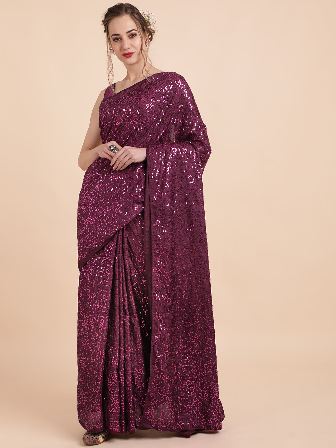 Sangria Burgundy Embellished Sequinned Pure Georgette Saree - Distacart