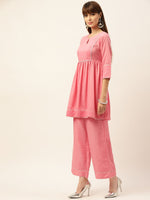 Thumbnail for Sangria Peach-Coloured Zari Gotta Patti Pleated A-Line Pure Cotton Kurti With Palazzo - Distacart