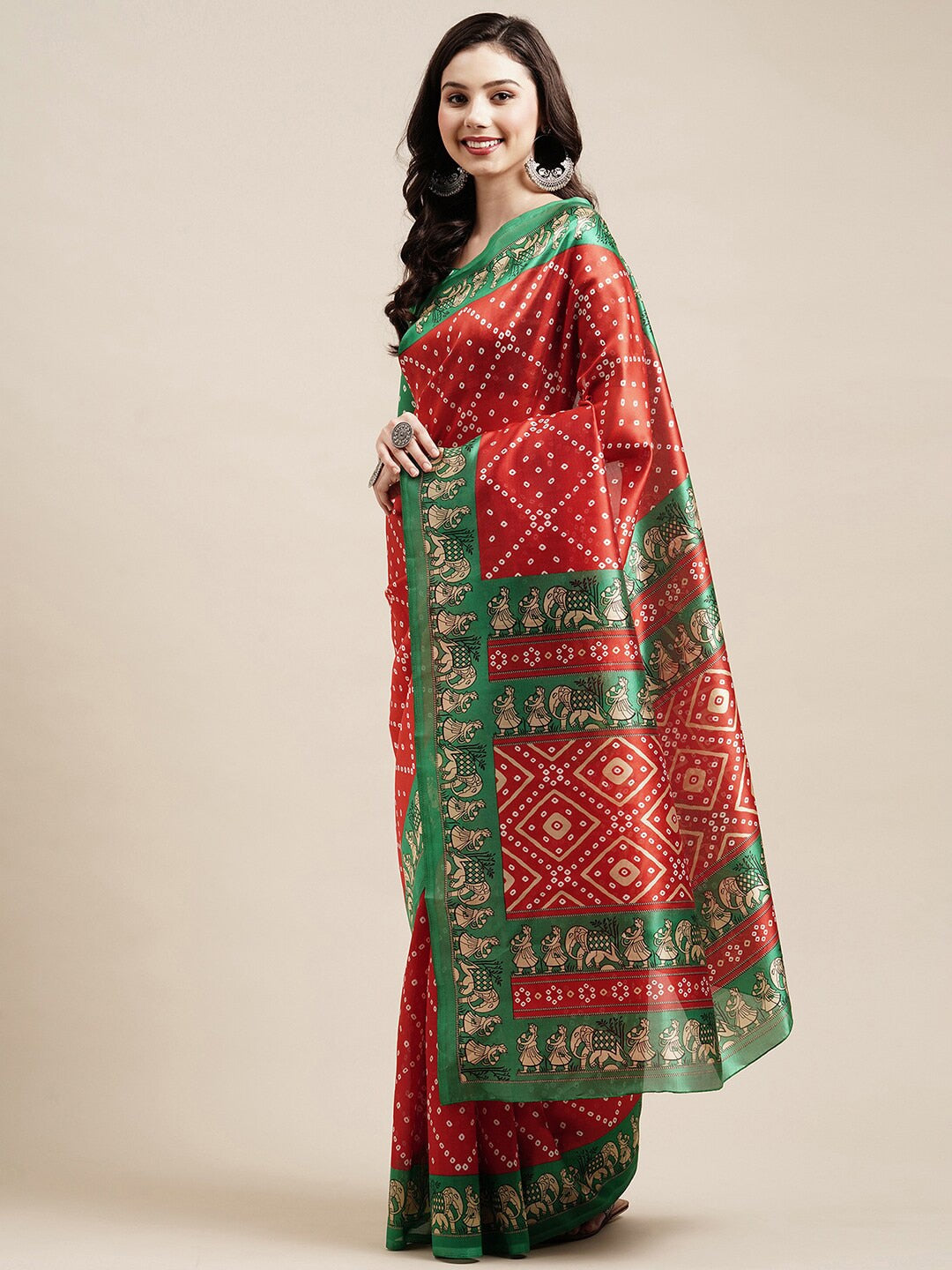 Saree Mall Red & Green Bandhani Printed Saree - Distacart