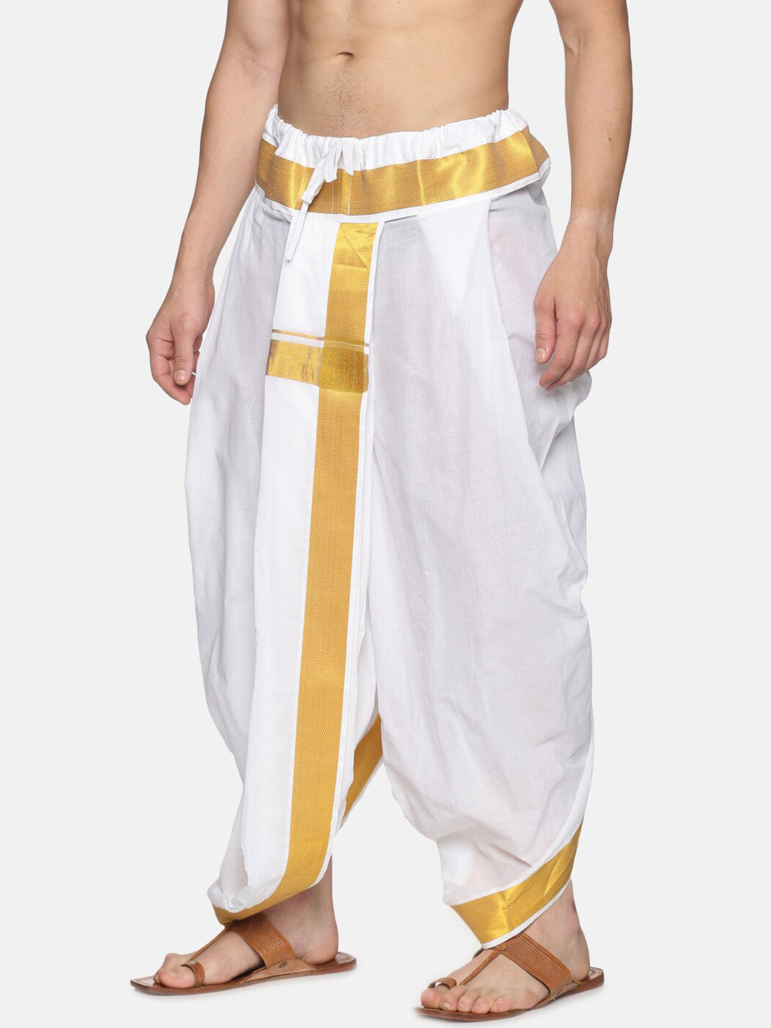 Sethukrishna Men White & Gold-Coloured Solid Readymade Dhoti Pant - Distacart