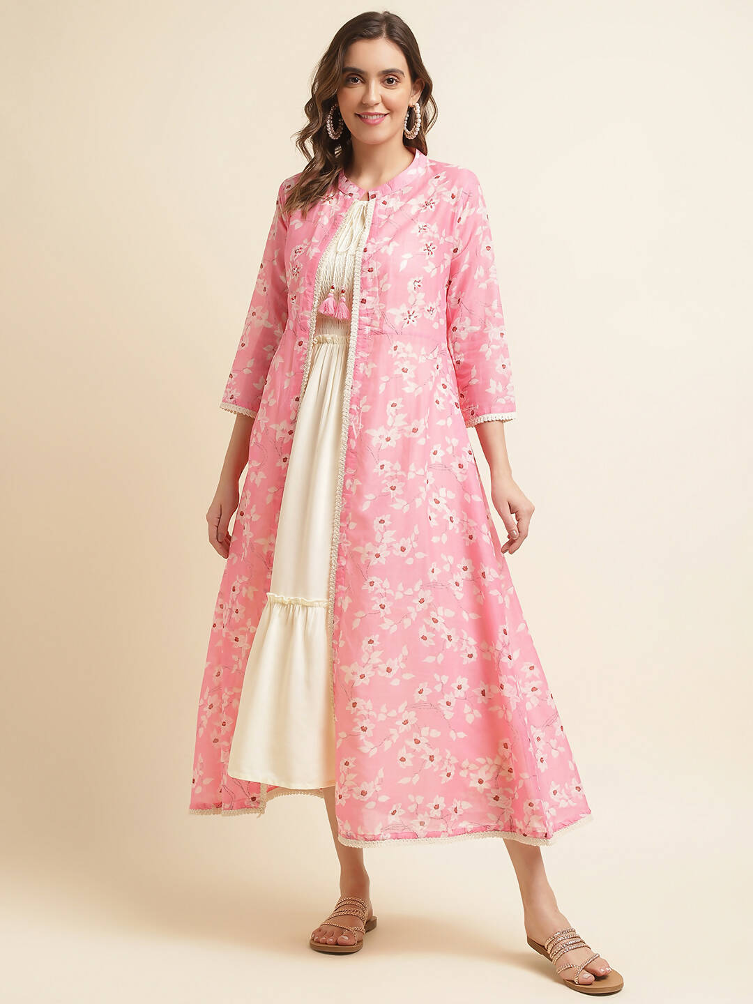 White Cotton Solid Flared Dress with Printed Shrug - Yukti - Distacart