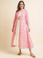 Thumbnail for White Cotton Solid Flared Dress with Printed Shrug - Yukti - Distacart