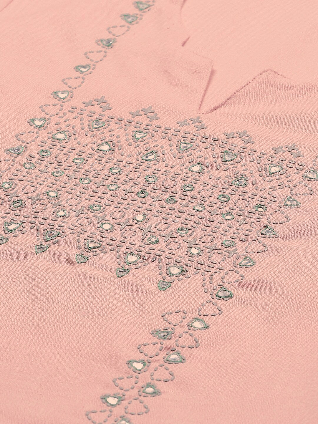 Biba Women Peach-Coloured & Grey Yoke Design Mirror Work Straight Kurta - Distacart