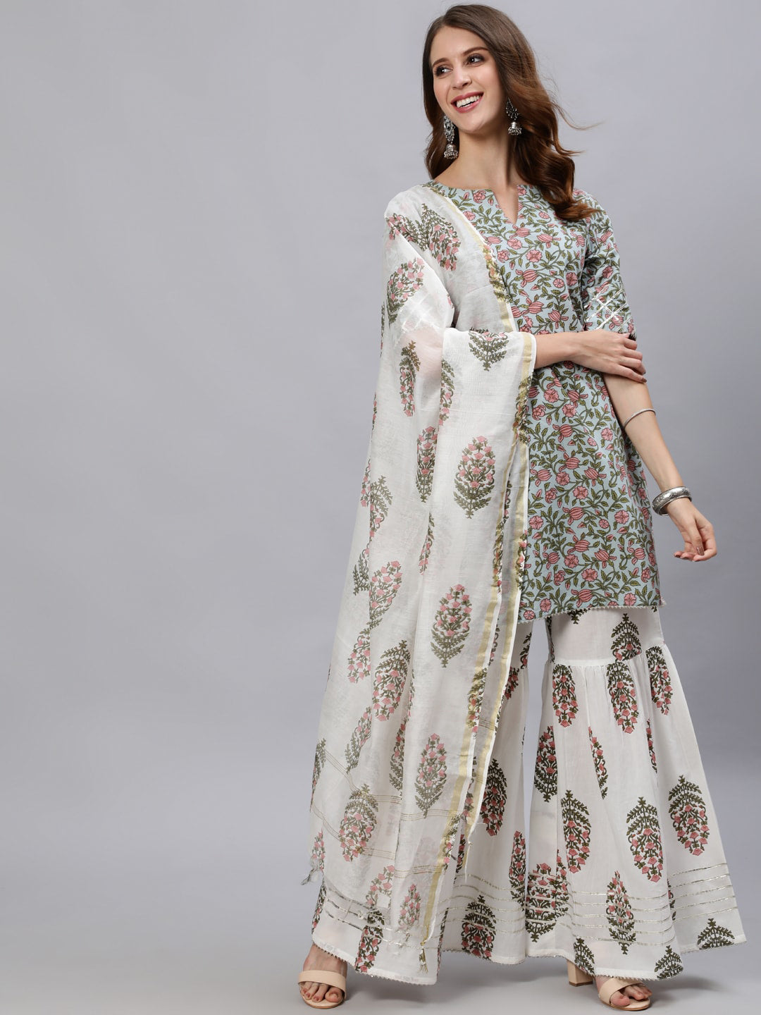 Jaipur Kurti Women Blue & Green Floral Printed Pure Cotton Kurti With Sharara & Dupatta - Distacart