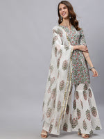 Thumbnail for Jaipur Kurti Women Blue & Green Floral Printed Pure Cotton Kurti With Sharara & Dupatta - Distacart