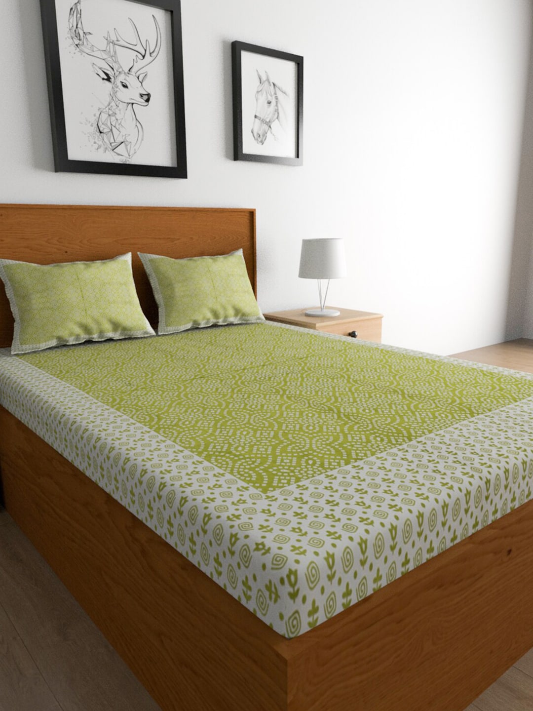 Urban Magic Green & White Ethnic Motifs Cotton 104 TC Queen Bedsheet with 2 Pillow Covers - Distacart