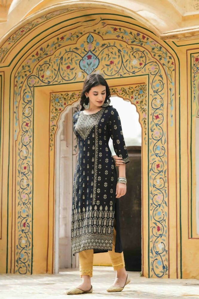 Juniper Black Rayon Festive Printed Straight Kurta For Women - Distacart