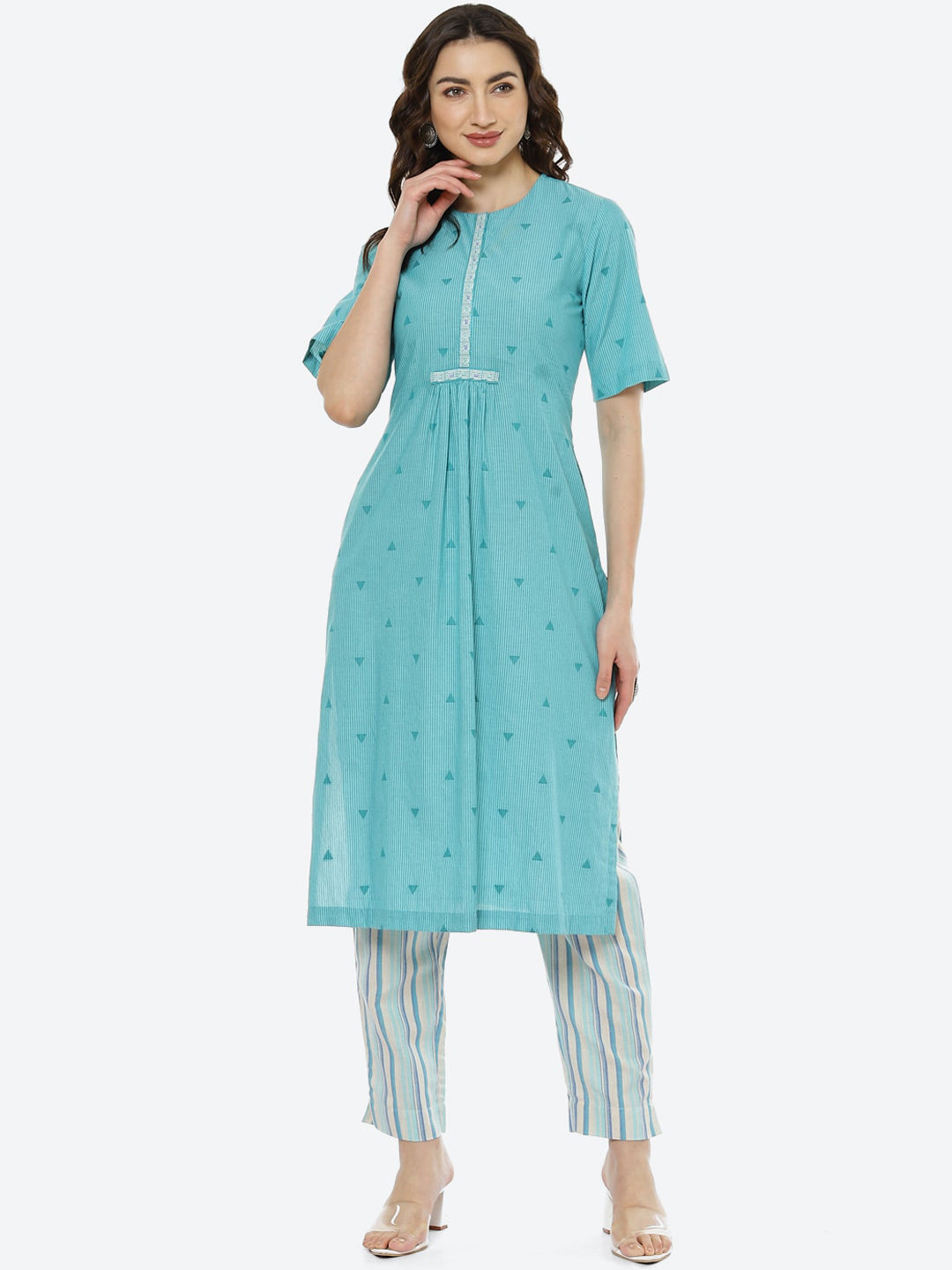 Biba Women Green Printed Pleated Pure Cotton Kurti With Trousers - Distacart