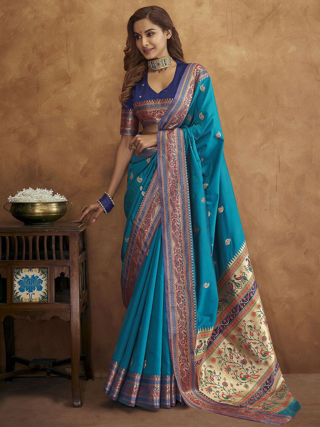 Mitera Blue & Red Woven Design Zari Silk Blend Paithani Saree - Distacart
