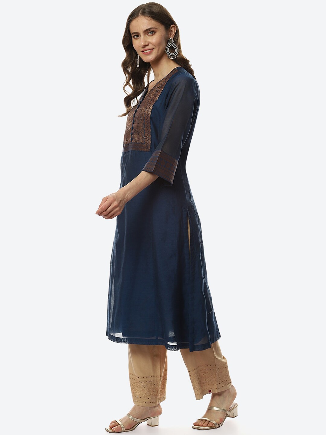 Biba Women Navy Blue & Copper-Toned Yoke Design Kurta - Distacart