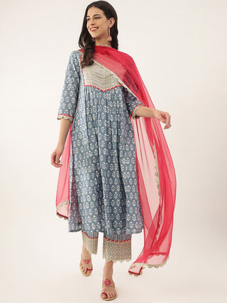 Khushal K Floral Printed Zari Sequined A-Line Pure Cotton Kurta with Palazzos & Dupatta - Distacart